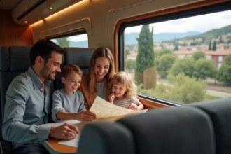 Famille de quatre personnes assise dans un compartiment de train moderne avec vue sur la campagne italienne lors d'un voyage vers Venise