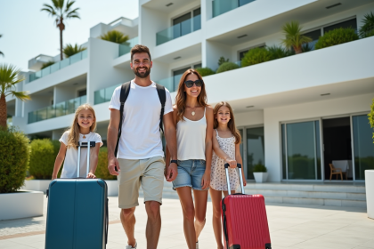 Famille souriante arrivant dans une résidence de vacances moderne