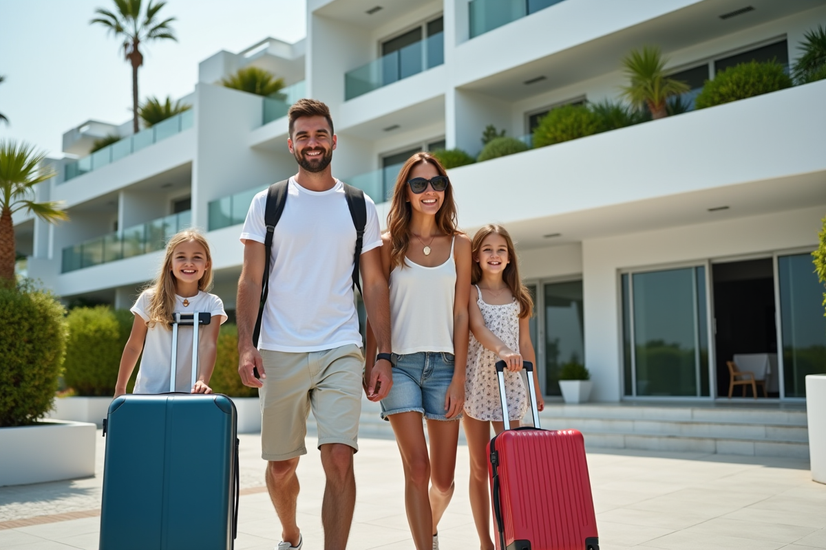 Famille souriante arrivant dans une résidence de vacances moderne