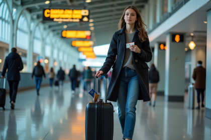 Jeune femme avec passeport dans un aéroport en transit