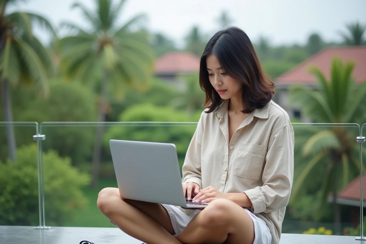 Jeune femme asiatique travaillant sur son ordinateur à Bali