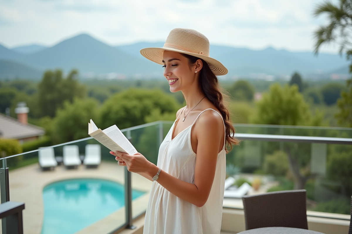 Jeune femme sur un balcon avec vue sur la nature et la piscine