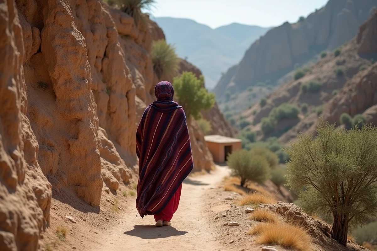 Femme berbère en djellaba traditionnelle marchant sur un sentier de montagne dans une vallée secrète de l'Anti-Atlas marocain