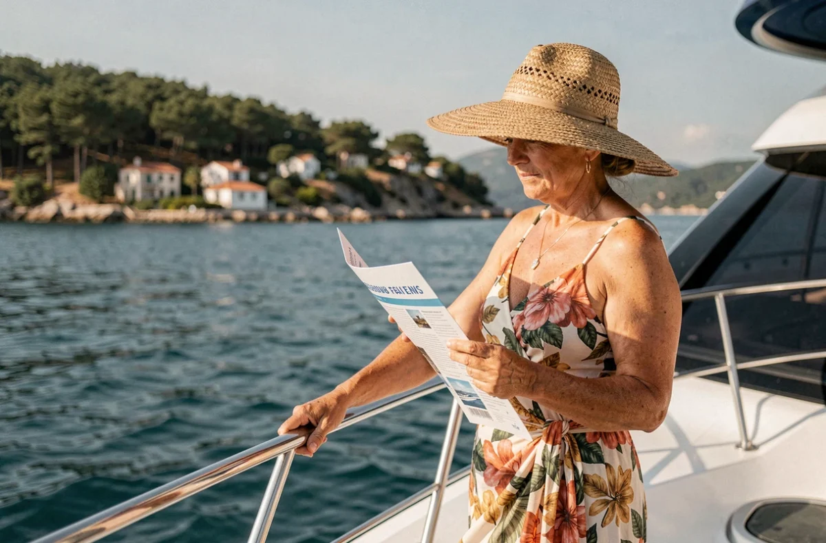 Femme consultant une brochure de croisière naturiste à la proue d'un catamaran