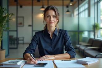 Femme assise au bureau organisant documents et passeport