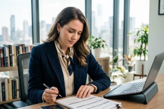 Jeune femme en bureau moderne remplissant des papiers