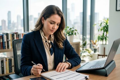 Jeune femme en bureau moderne remplissant des papiers