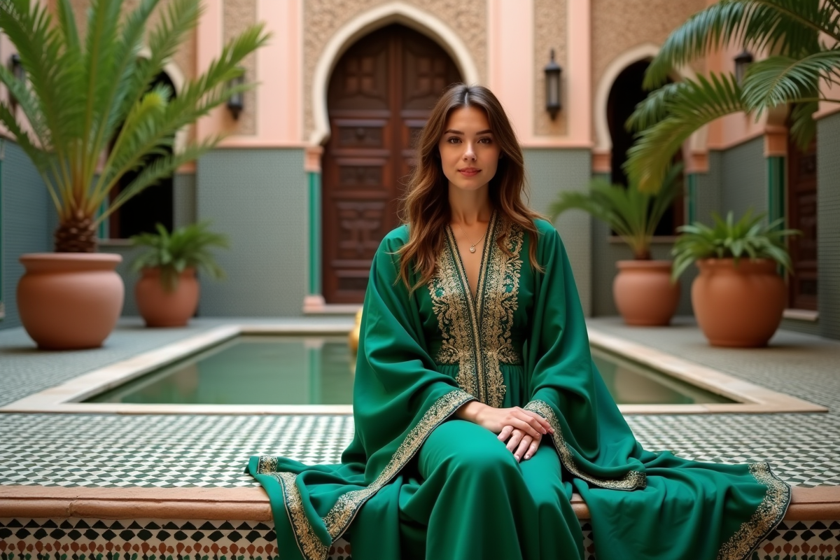 Jeune femme en caftan vert dans un riad marocain