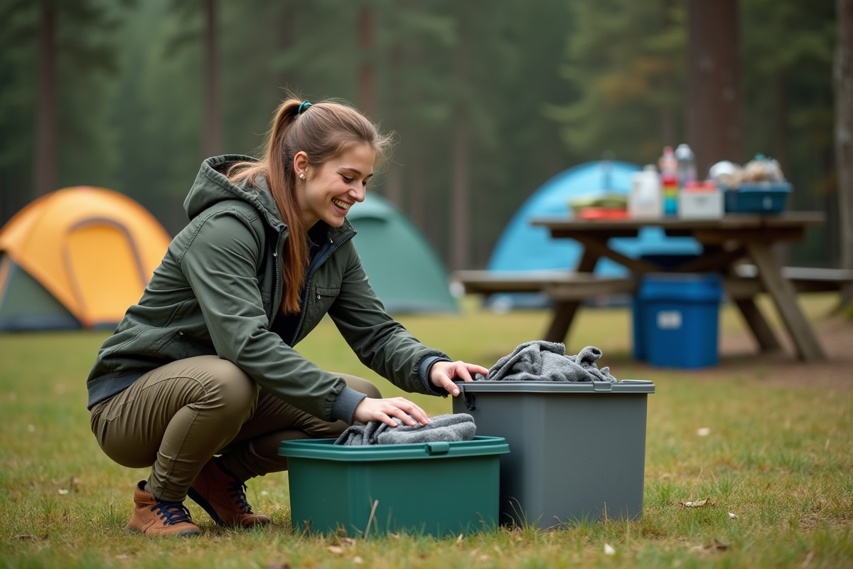 Jeune femme organisant du matériel de camping dans la nature