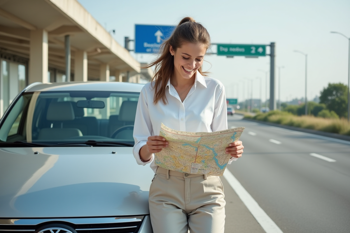 Jeune femme étudie une carte routière près d