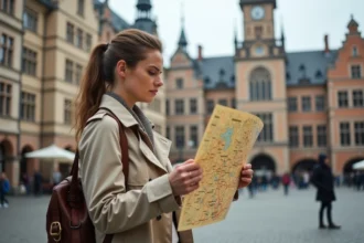 Femme consultant une carte de l'Allemagne devant un hôtel de ville historique en pierre, tenant un sac de voyage en cuir vintage