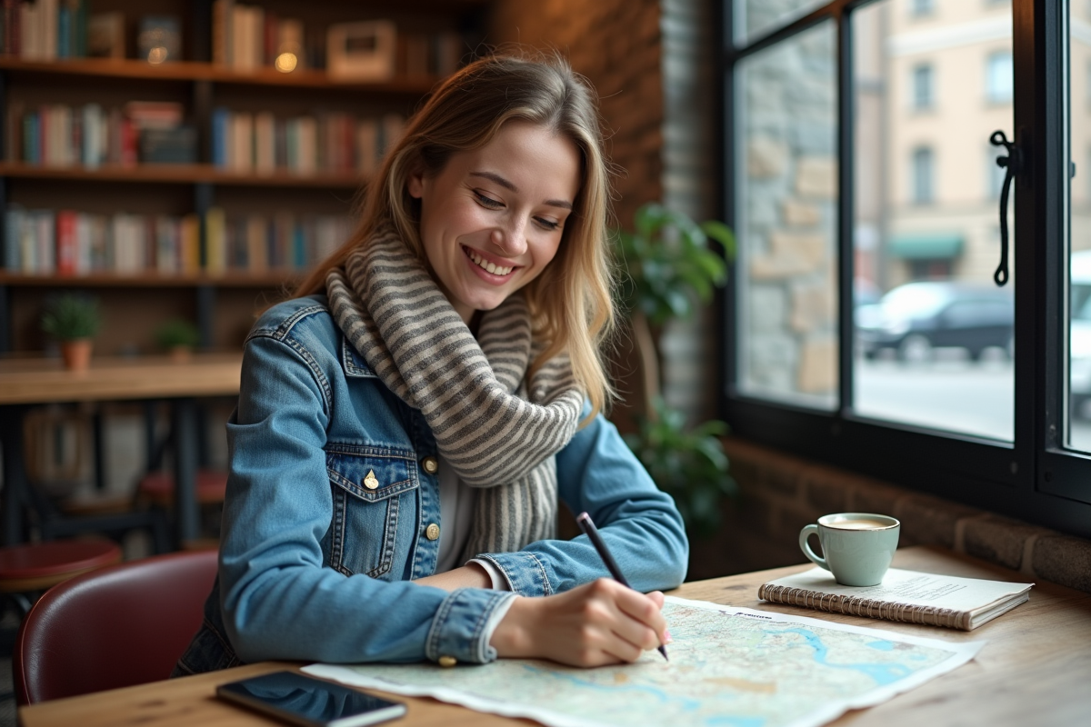 Jeune femme souriante avec carte dans un café cosy