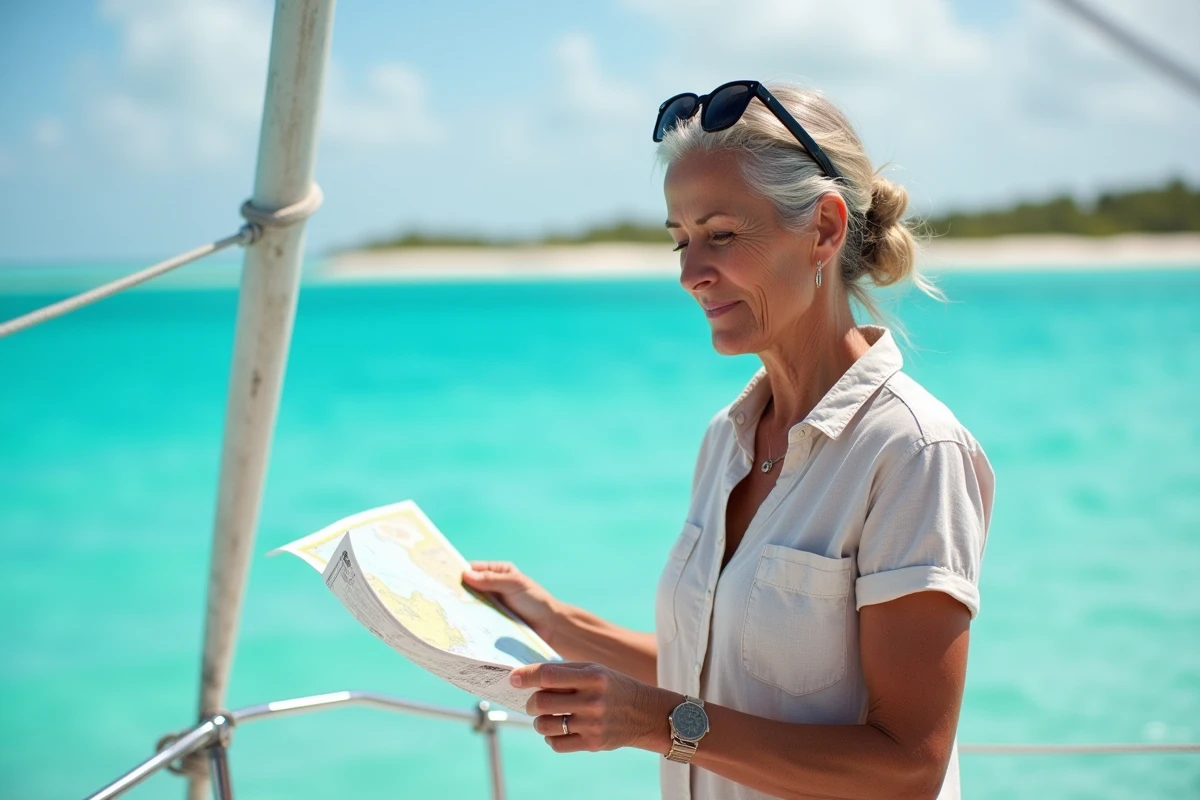 Femme consultant une carte des Caraïbes et des Bahamas depuis le pont d'un catamaran avec vue sur la mer turquoise