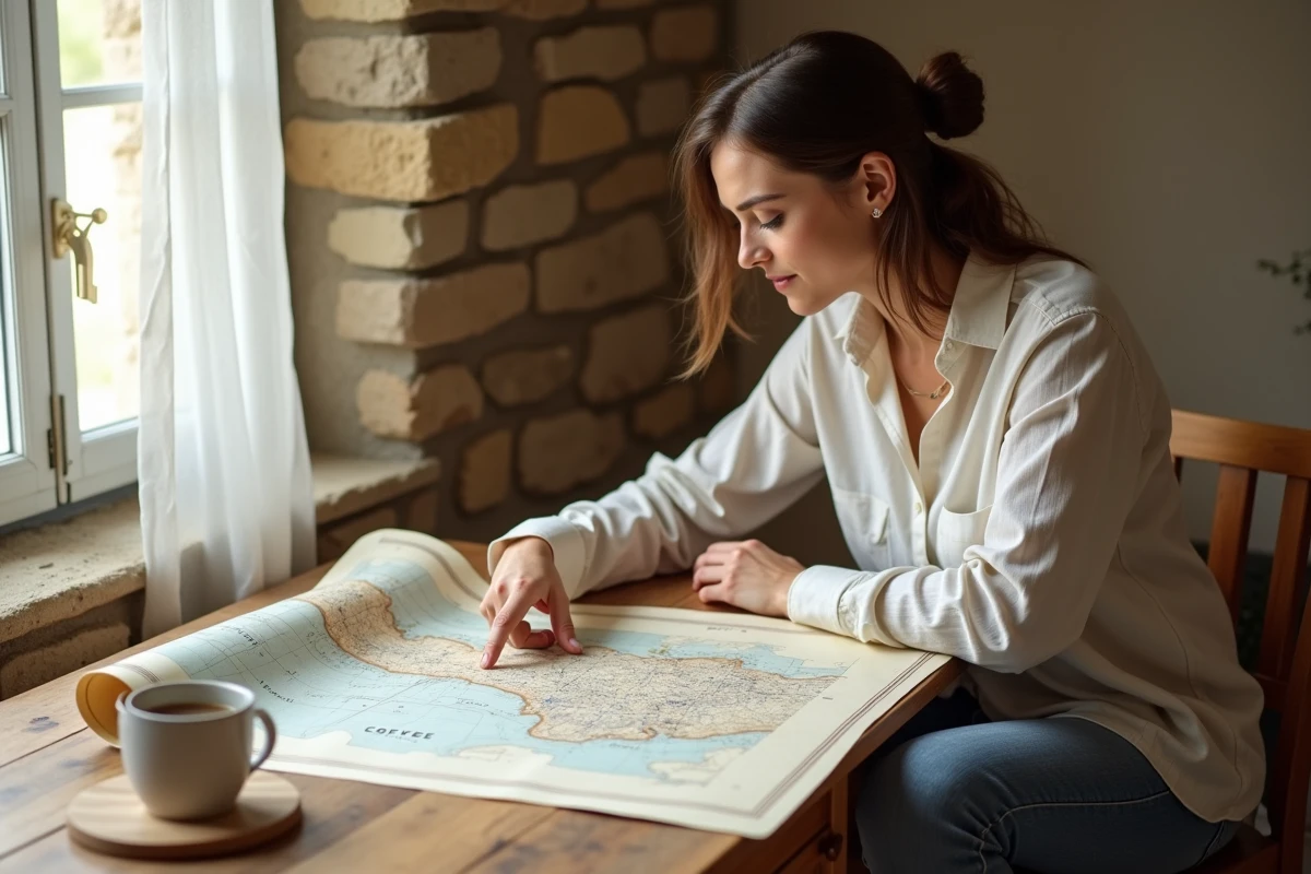 Femme consultant une carte papier de la Normandie à l'intérieur d'un gîte rustique en France