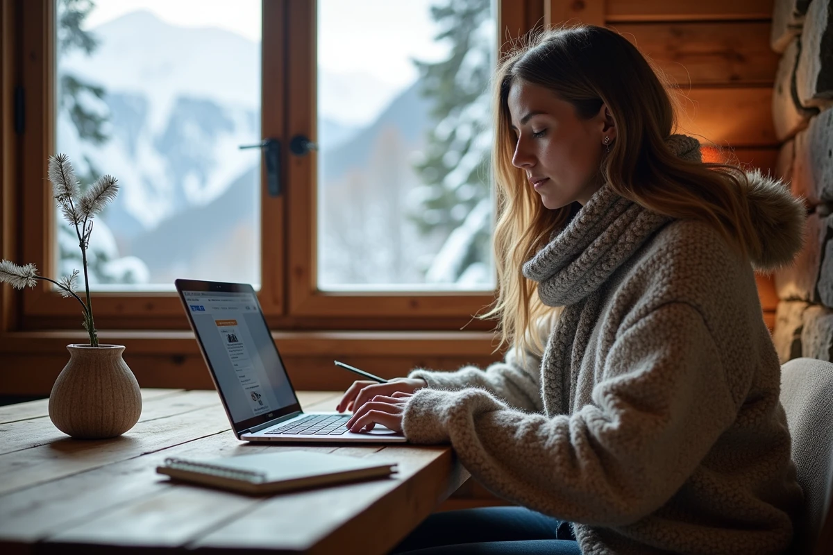 Femme dans un chalet alpin avec ordinateur portable
