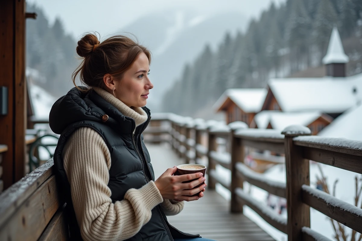 Femme seule en week-end montagne savourant un chocolat chaud sur la terrasse d'un refuge en station de ski accessible depuis Paris