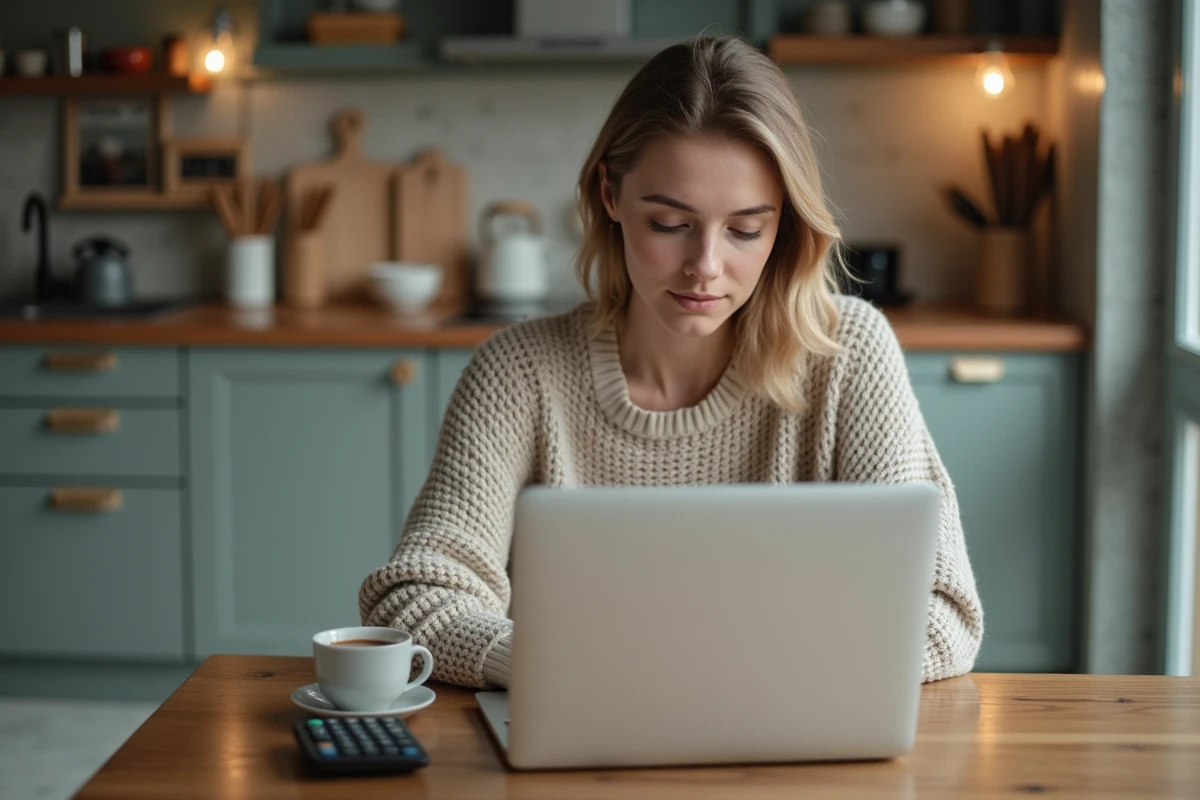Jeune femme travaillant sur son ordinateur dans la cuisine à la maison
