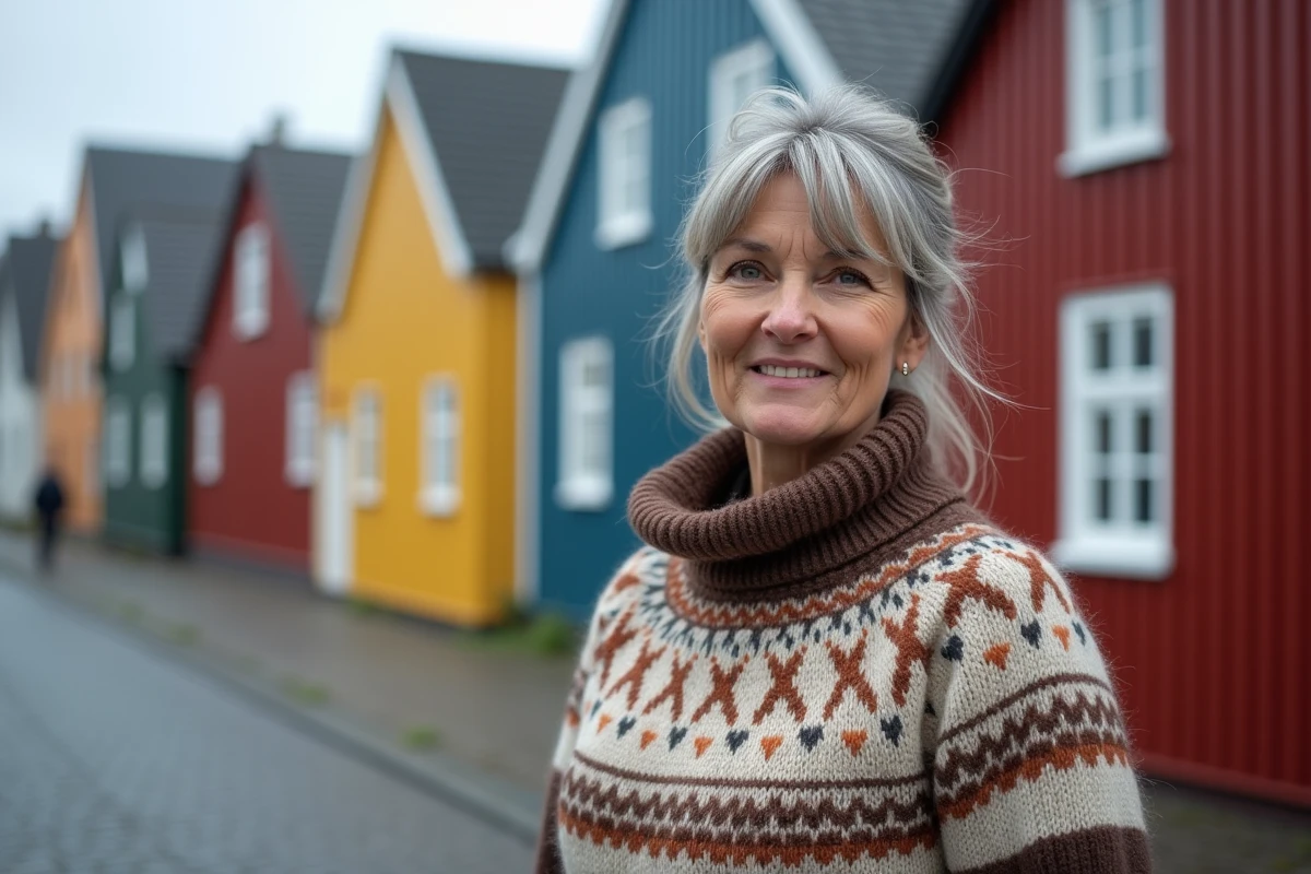 Femme islandaise portant un pull lopapeysa traditionnel dans les rues colorées de Reykjavik, symbole de la culture et de l'identité islandaise