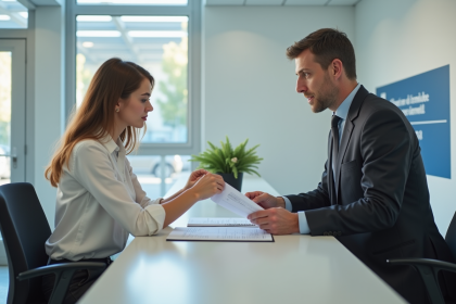 Jeune femme remettant ses formulaires de passeport à un agent