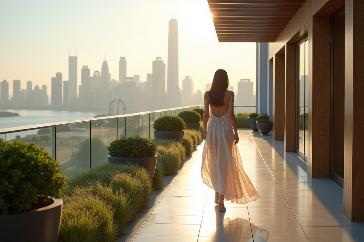 Jeune femme élégante marche sur une terrasse urbaine