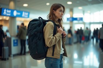 Femme préparant son sac à l'aéroport avec anticipation