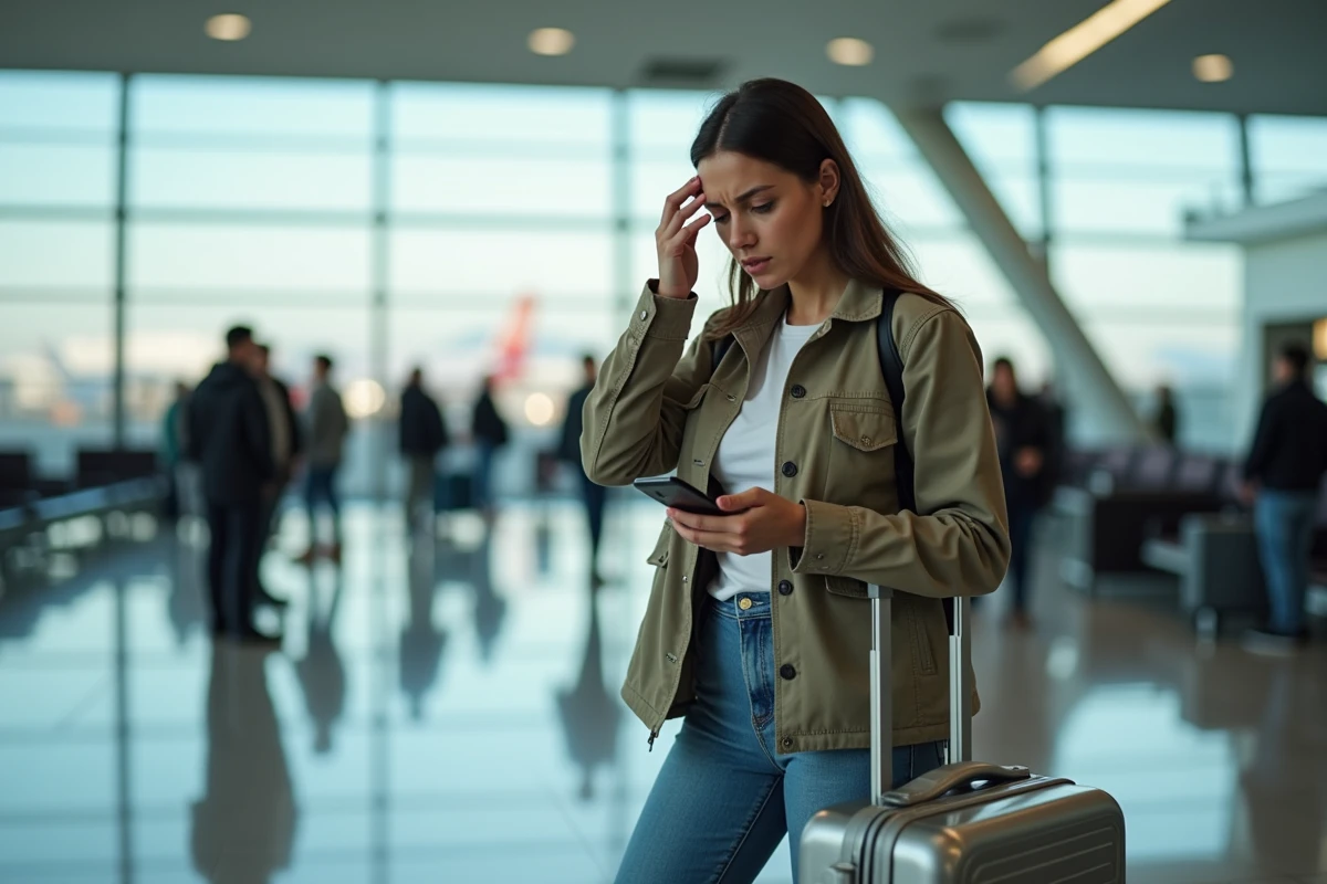 Femme inquiète avec valise dans un aéroport animé