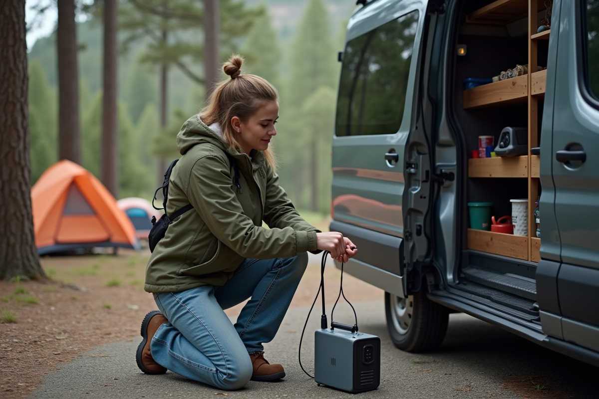 Jeune femme branchant une station d'énergie au camping