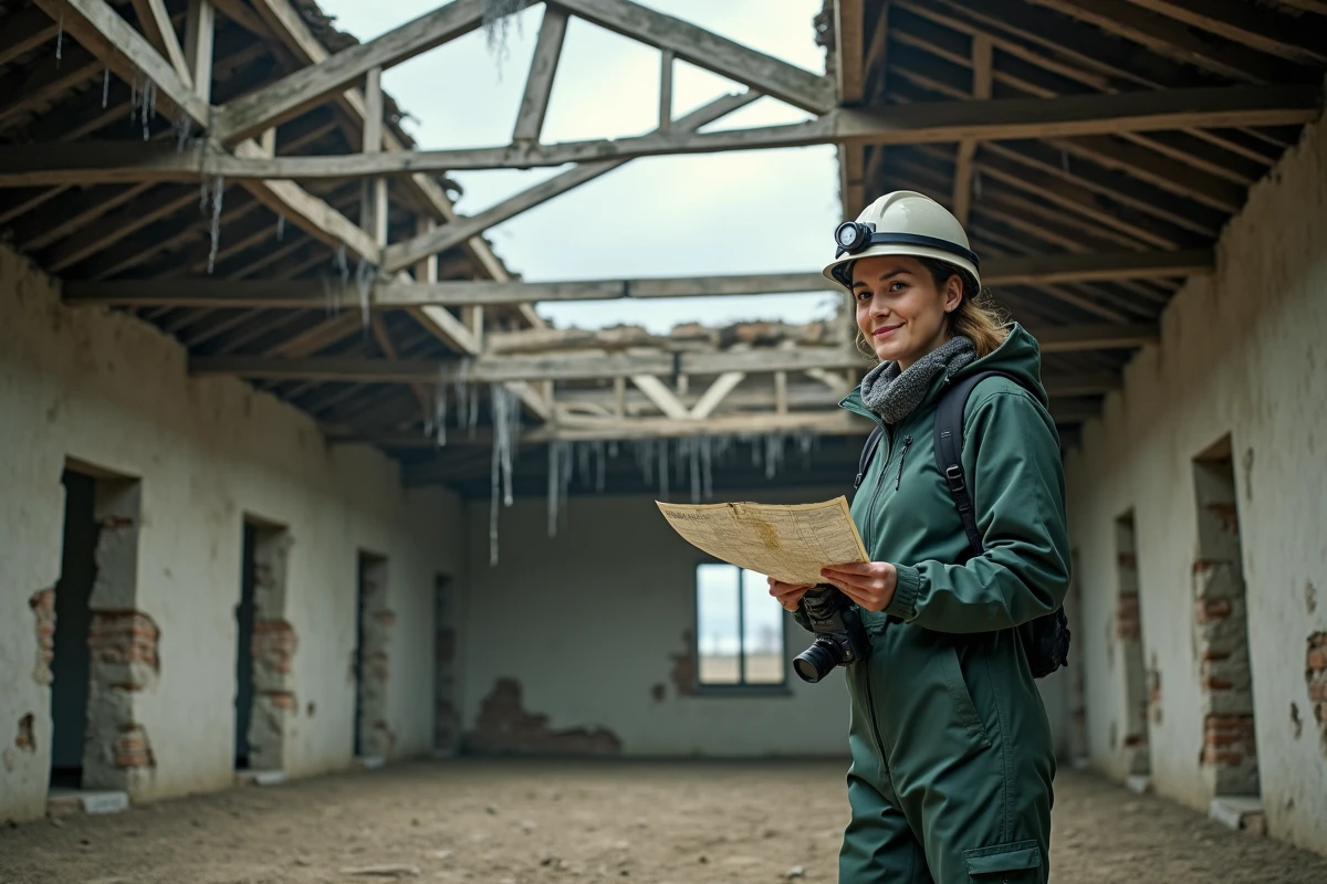 Femme exploratrice casquée avec carte et appareil photo dans un bâtiment abandonné d'une ville fantôme française