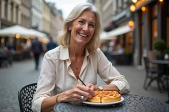 Femme souriante dégustant une gaufre belge à Gand