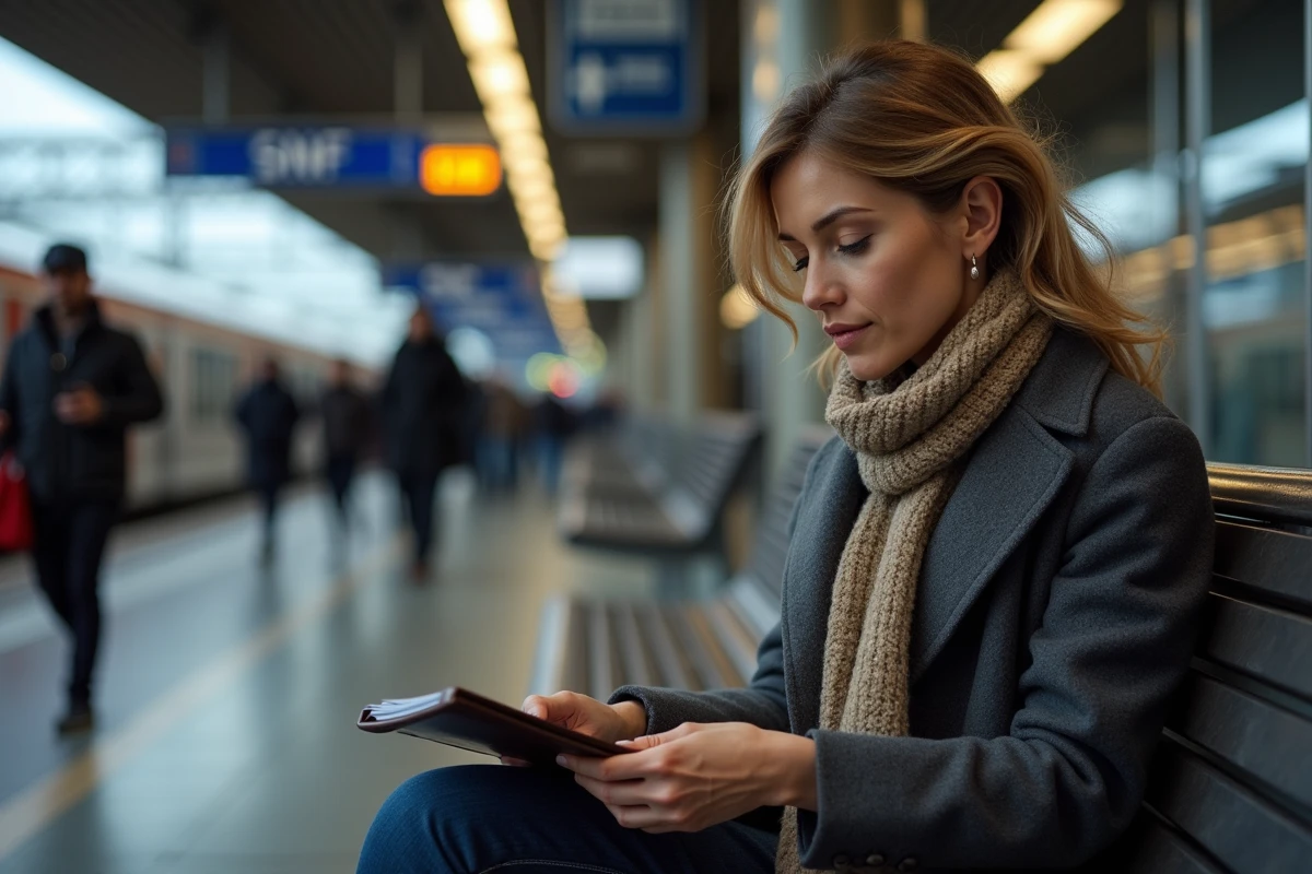 Femme à la gare SNCF organisant ses documents et téléphone