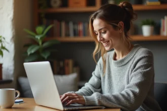 Femme comparant des billets d'avion sur Google Flights depuis son bureau à domicile