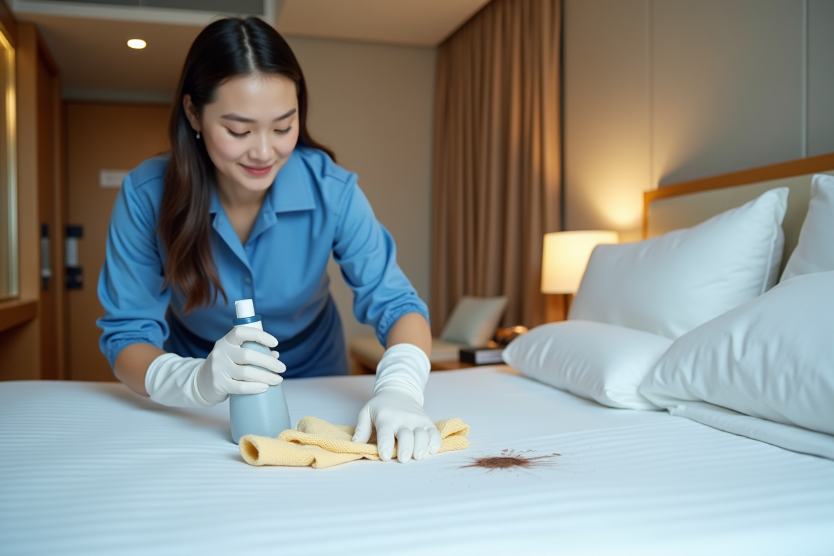 Jeune femme en uniforme de housekeeping nettoyant des draps blancs