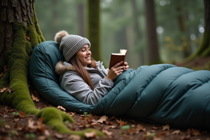 Jeune femme lisant dans un sac de couchage en forêt