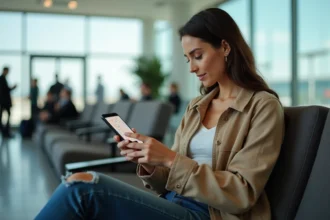 Femme dans un lounge aéroport avec carte digitale de Dubai