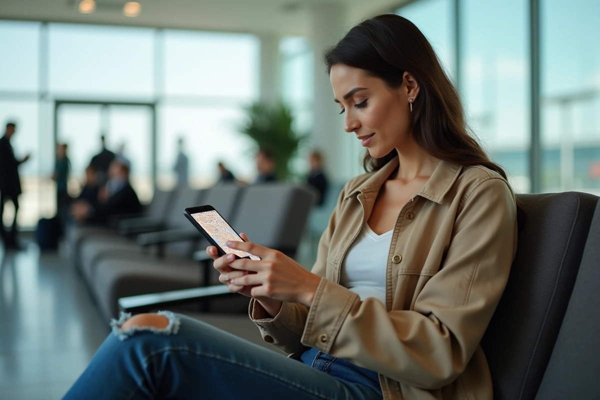 Femme dans un lounge aéroport avec carte digitale de Dubai