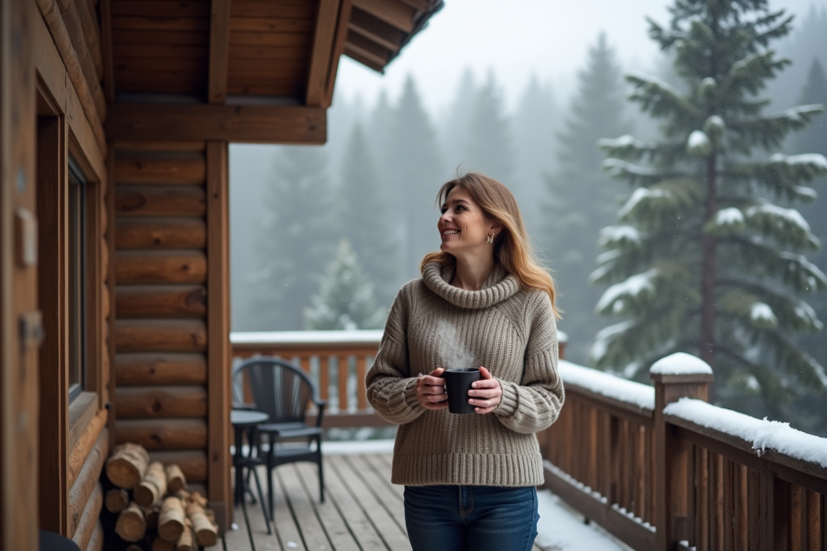 Femme souriante dans un chalet de montagne avec vue sur la vallée
