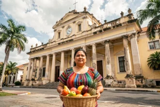 Femme nicaraguayenne en tenue traditionnelle devant la cathédrale de Managua, symbole du tourisme responsable au Nicaragua