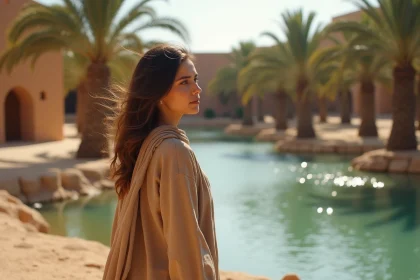 Jeune femme dans un oasis désertique à Ksar Ghilane