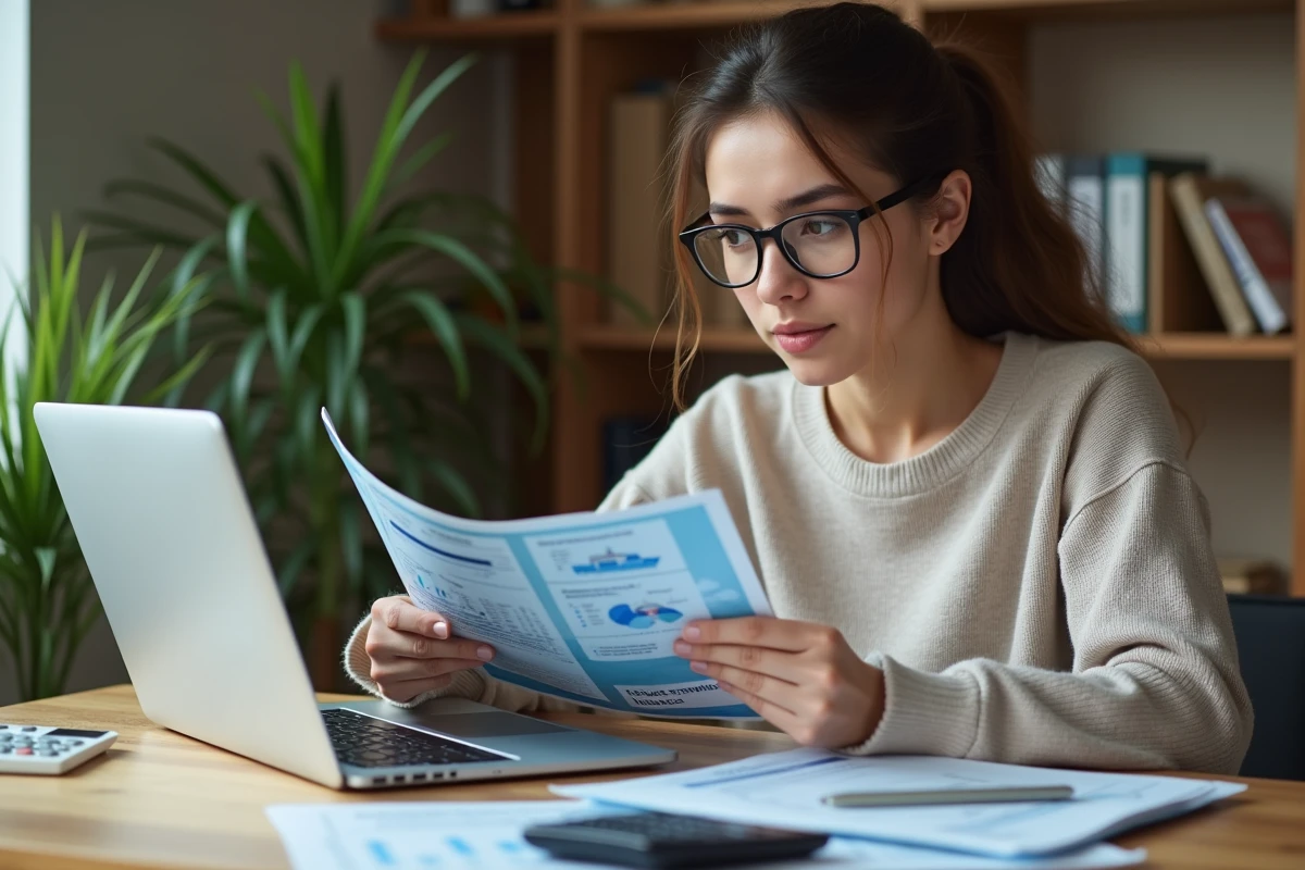 Jeune femme réfléchissant avec brochures et ordinateur à la maison