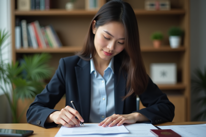 Jeune femme organisant des documents dans un bureau professionnel