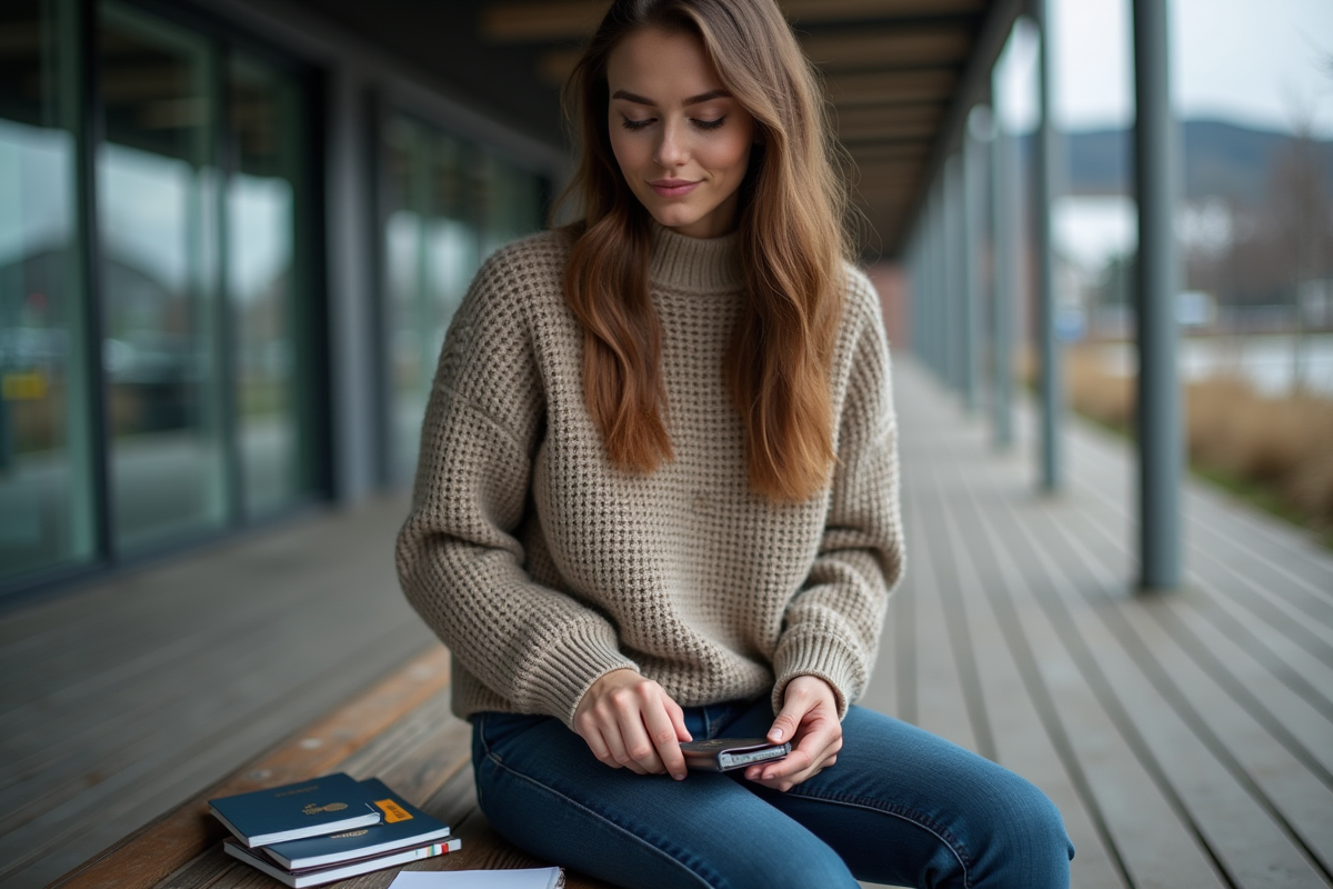 Jeune femme organise ses documents à la frontière