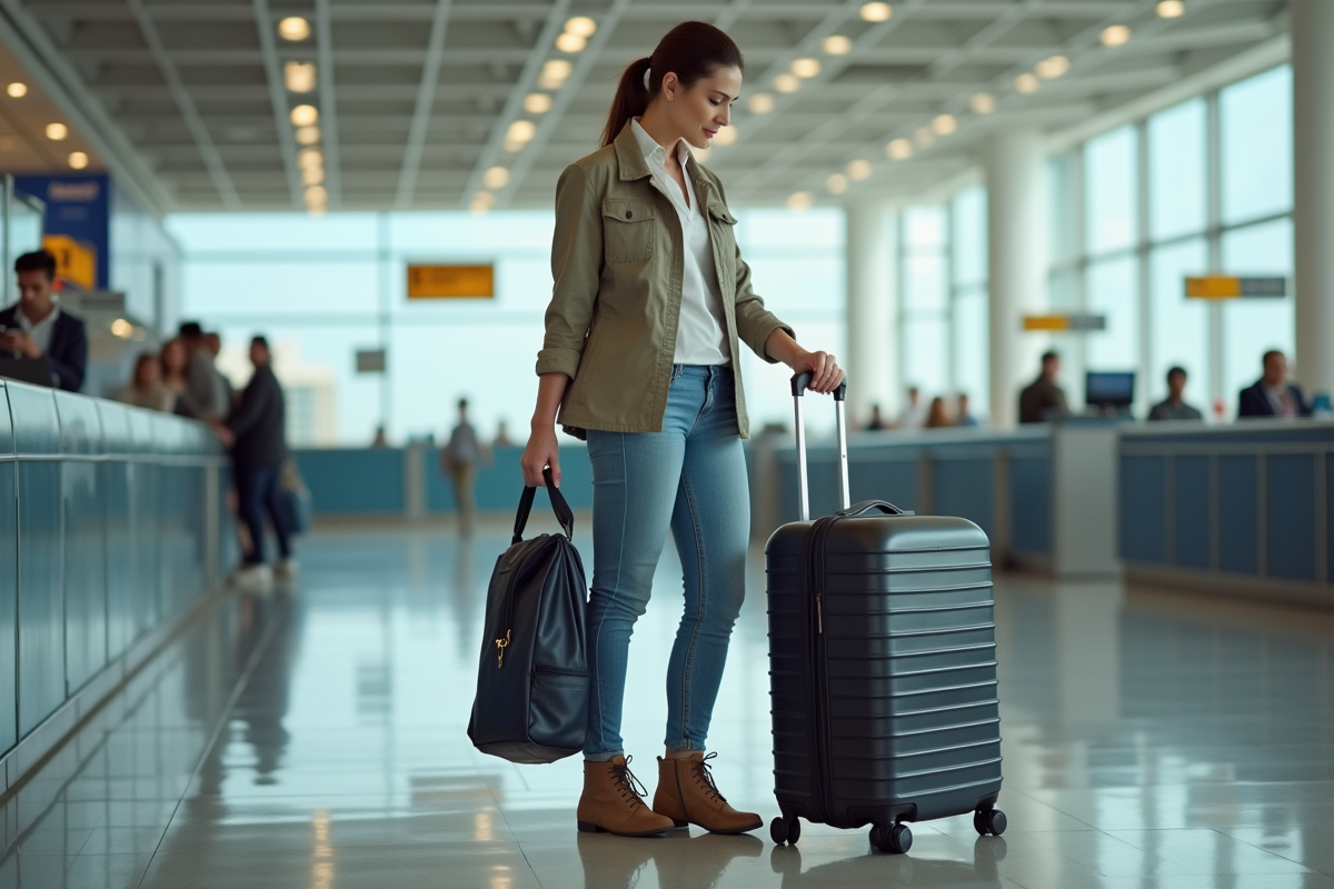 Femme voyageuse pèse sa grande valise à l'aéroport