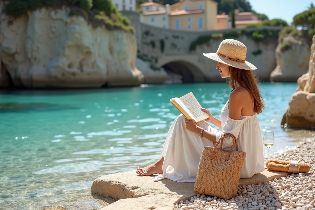 Femme lisant un livre avec un verre de vin blanc sur une plage de galets dans une crique d'un village côtier provençal