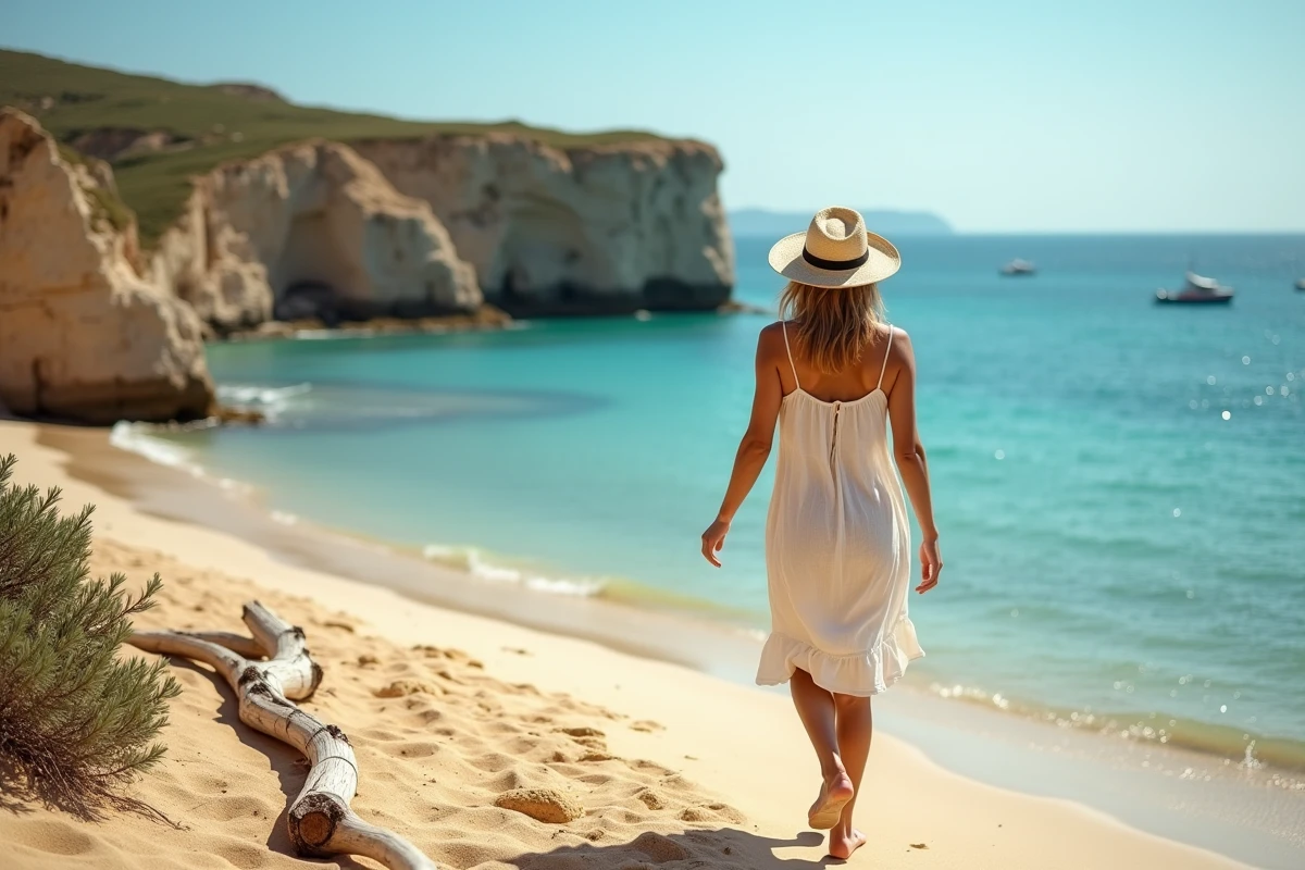 Femme en robe légère sur une plage sicilienne ensoleillée