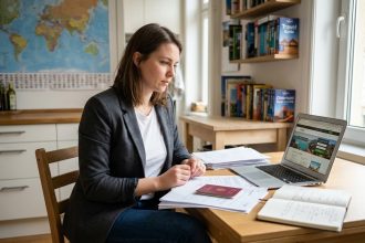 Jeune femme en blazer et jeans prépare ses documents