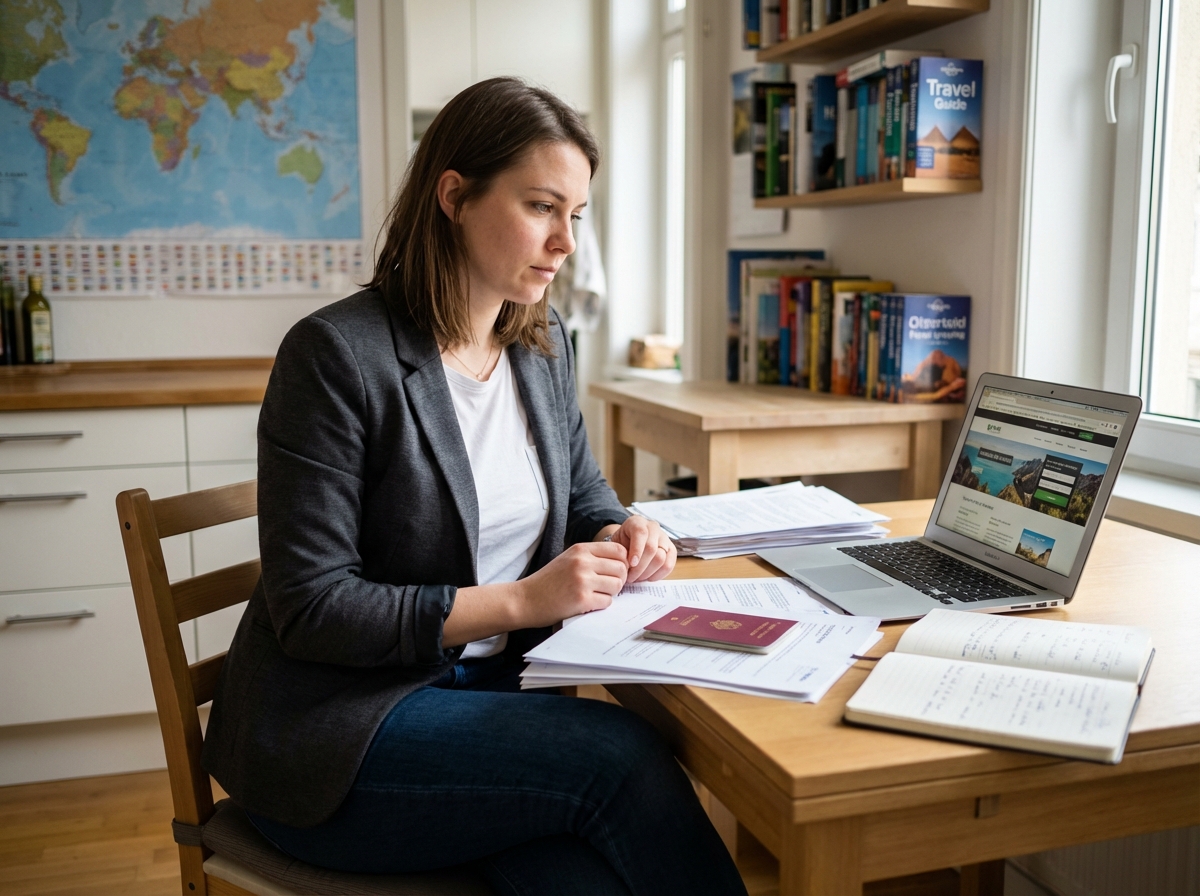 Jeune femme en blazer et jeans prépare ses documents
