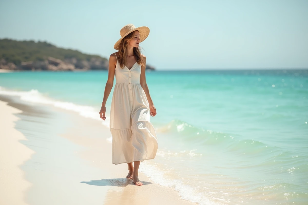 Femme se promenant pieds nus sur une plage de Corse au bord de l'eau cristalline