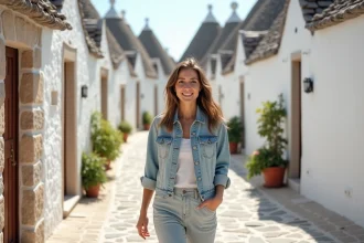 Jeune femme souriante dans un village trulli d'Alberobello