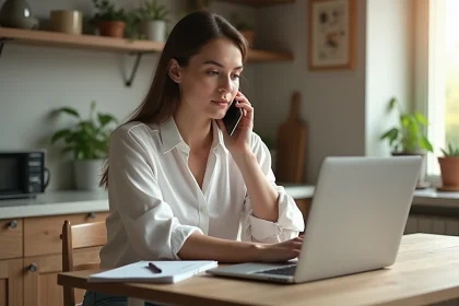 Jeune femme au téléphone dans une cuisine lumineuse