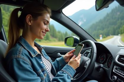 Jeune femme utilisant smartphone dans voiture face aux montagnes